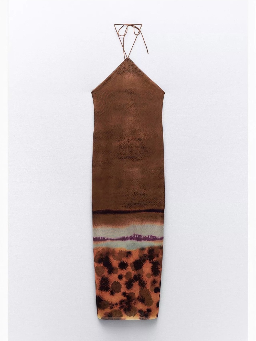 Zara Brown printed mesh halter midi Dress